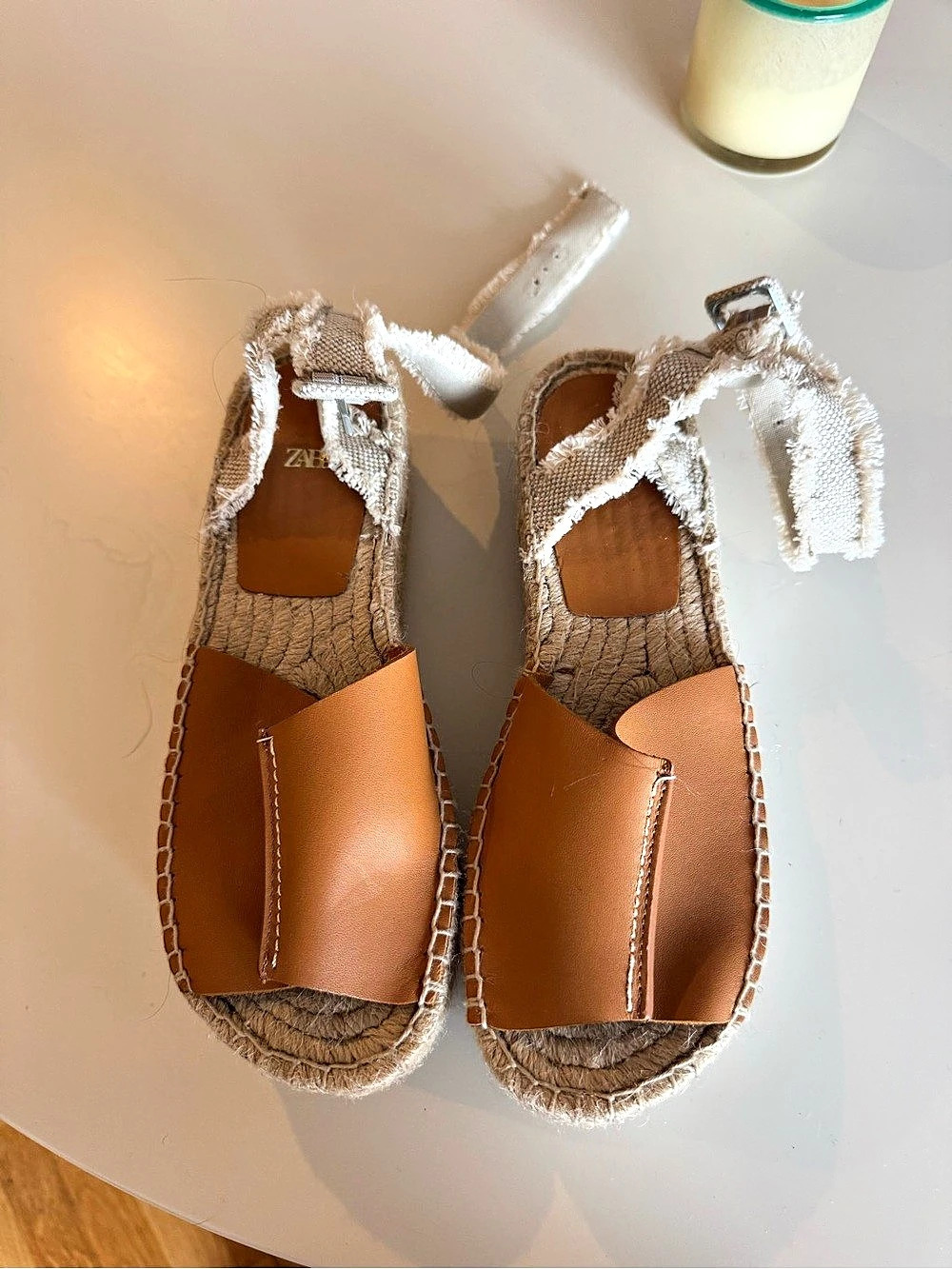 Zara Tan Leather Platform Espadrille Sandals Brown & White